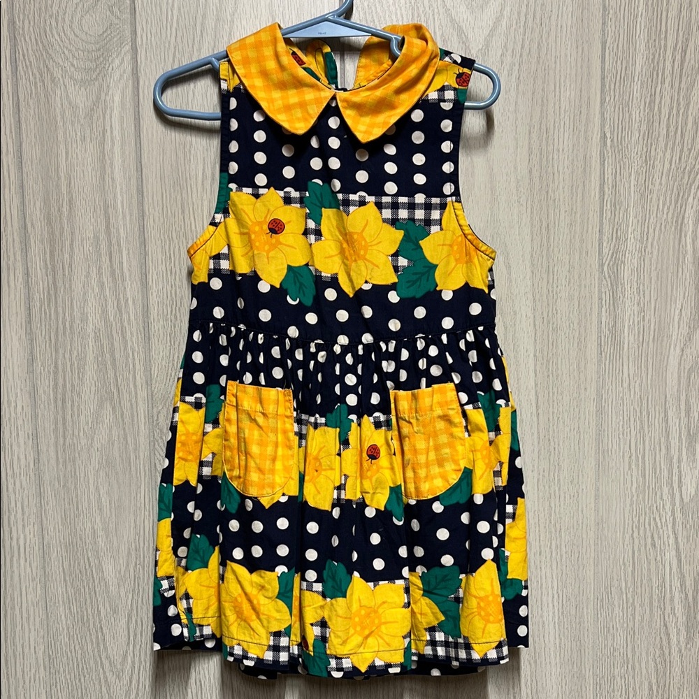 Vintage 90s Rainbow Tag Gymboree Sz 3T Medium Polka Dot Sunflower Kids Dress